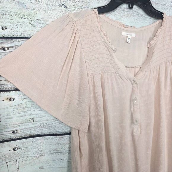 Maurices M Cream Smocked Flutter Sleeve Henley Top - Picture 2 of 6